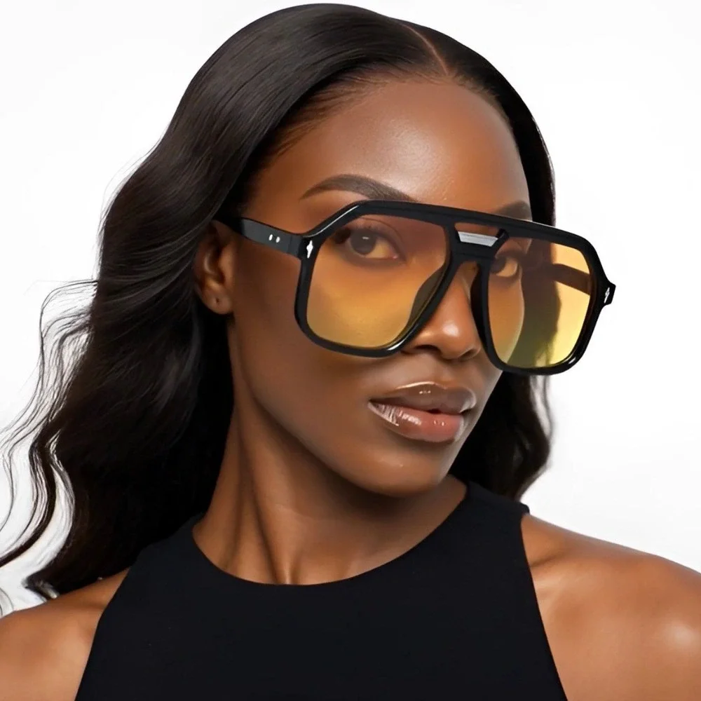 Oversized Square Aviator Sunglasses‎ Black Flat Top Orange Gradient Lens Retro